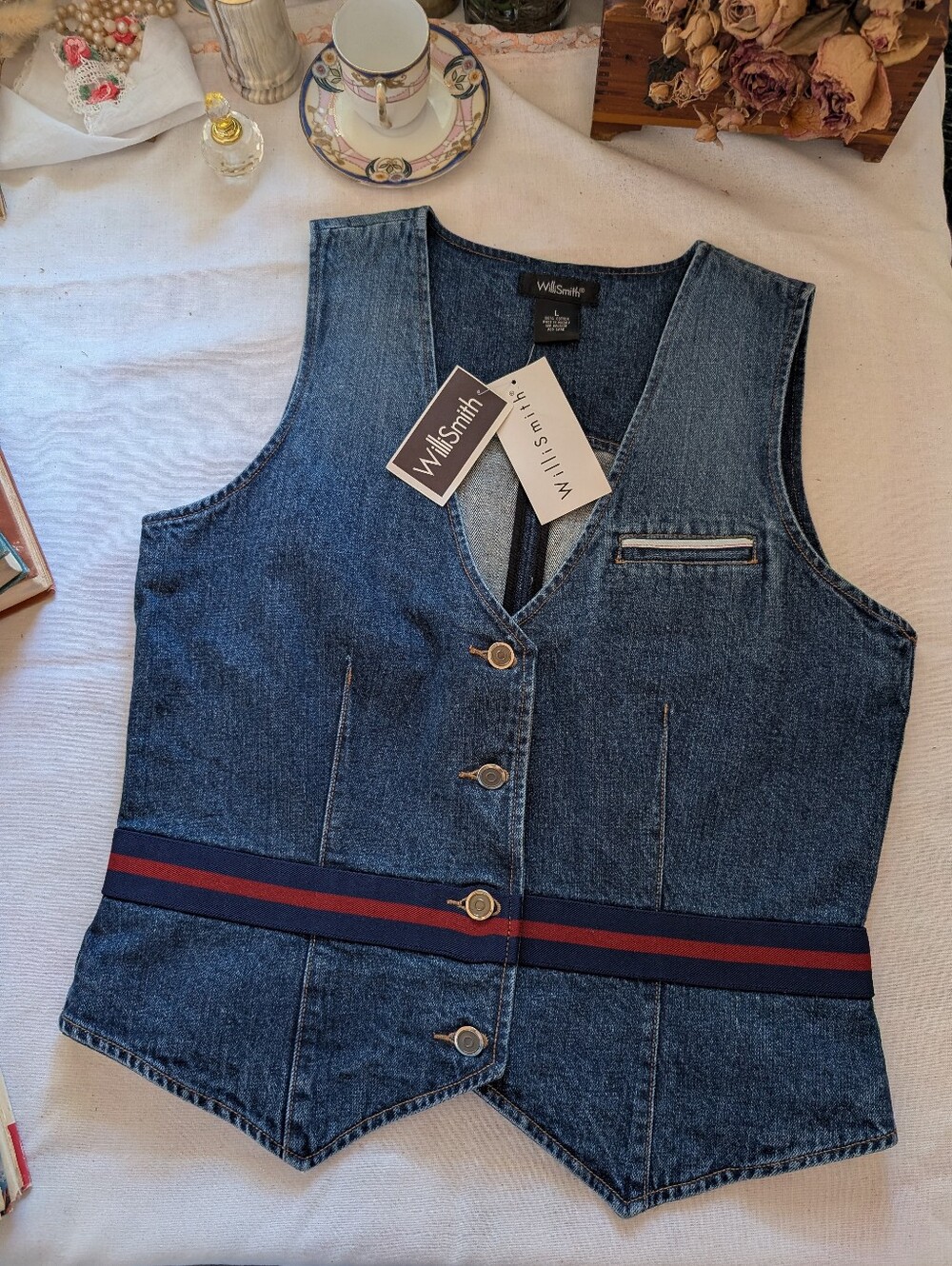 Vintage 90s Willi Smith Blue And Red Stripe Denim Vest - NOS Size Large